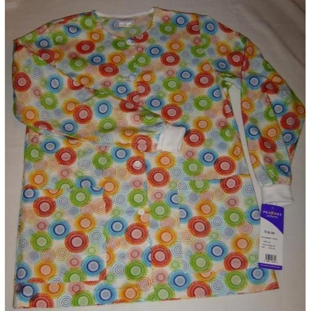Scrub Jacket Womans Spirograph Print Round Neck Warm-up Cardigan Peaches NWT